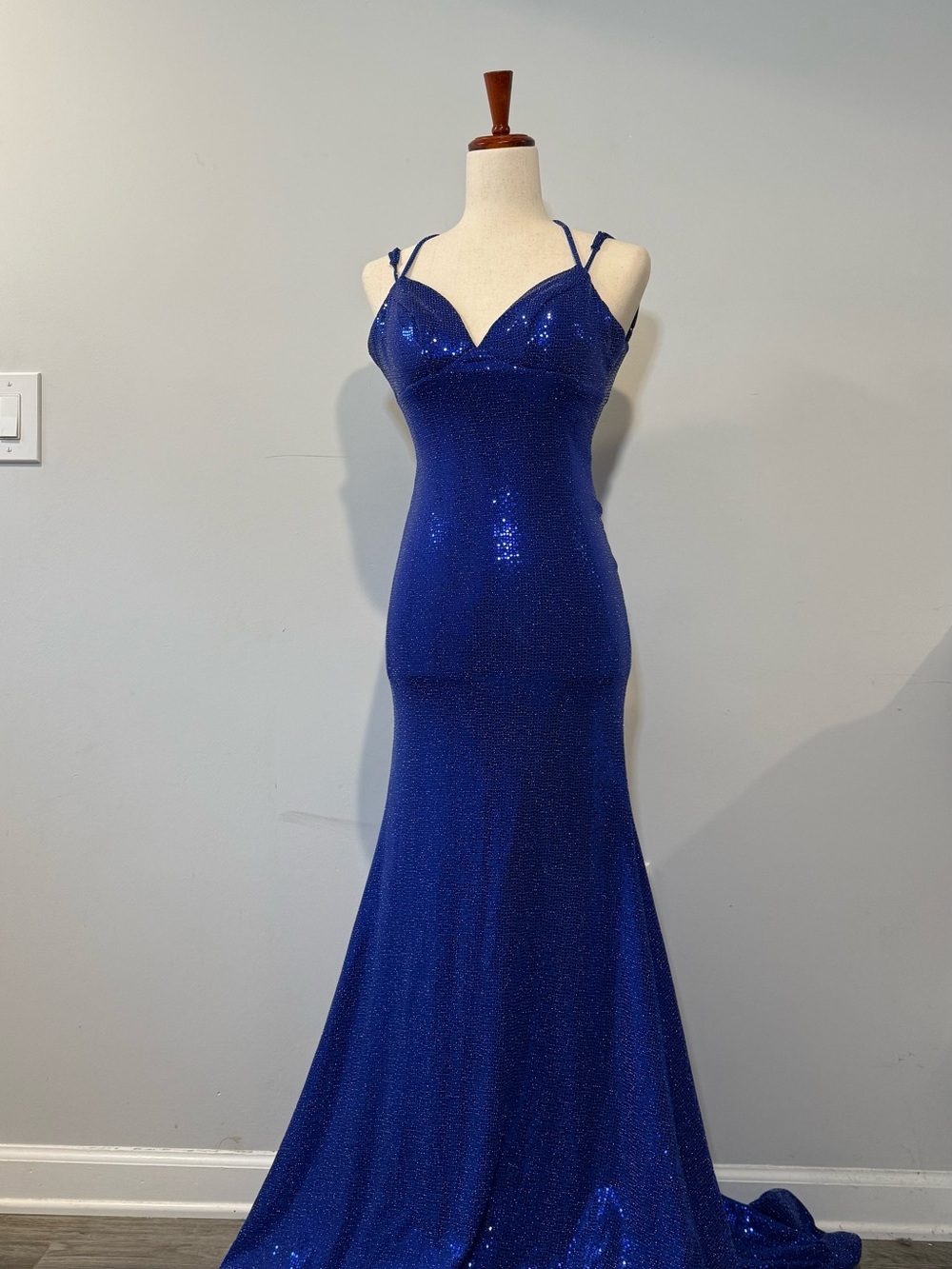Petite Royal Blue Sequin Spaghetti Strap Evening Gown